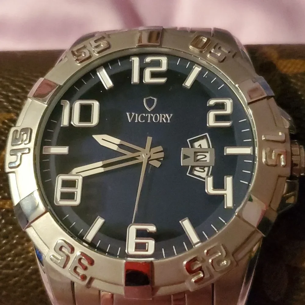 Mens Large Victory Instruments 1197 Chrono Watch Silver & Blue Date Window Bezel